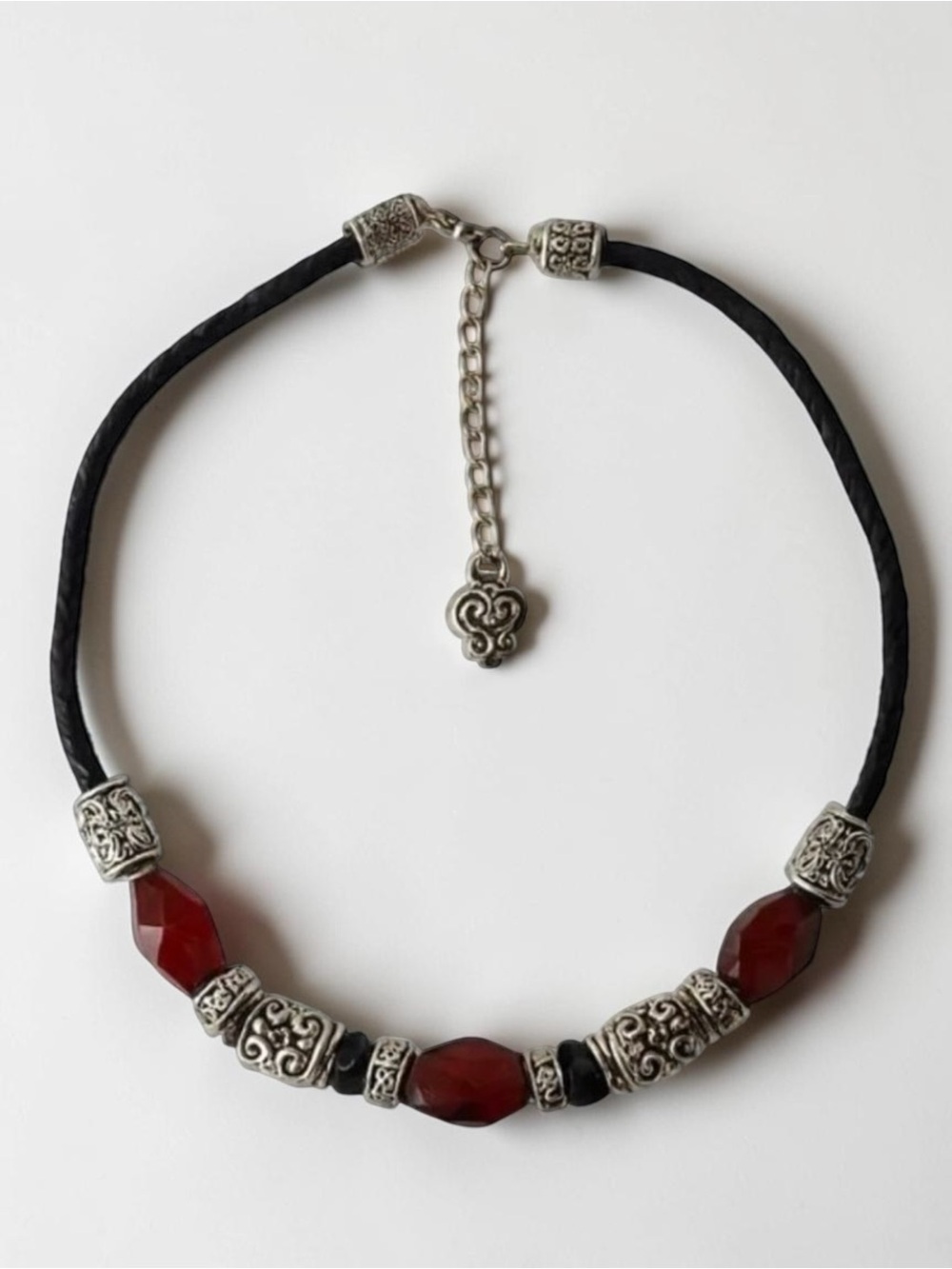 Vintage Red Jasper Necklace w/ Ornate Silver‑Tone Accents on Braided Cord